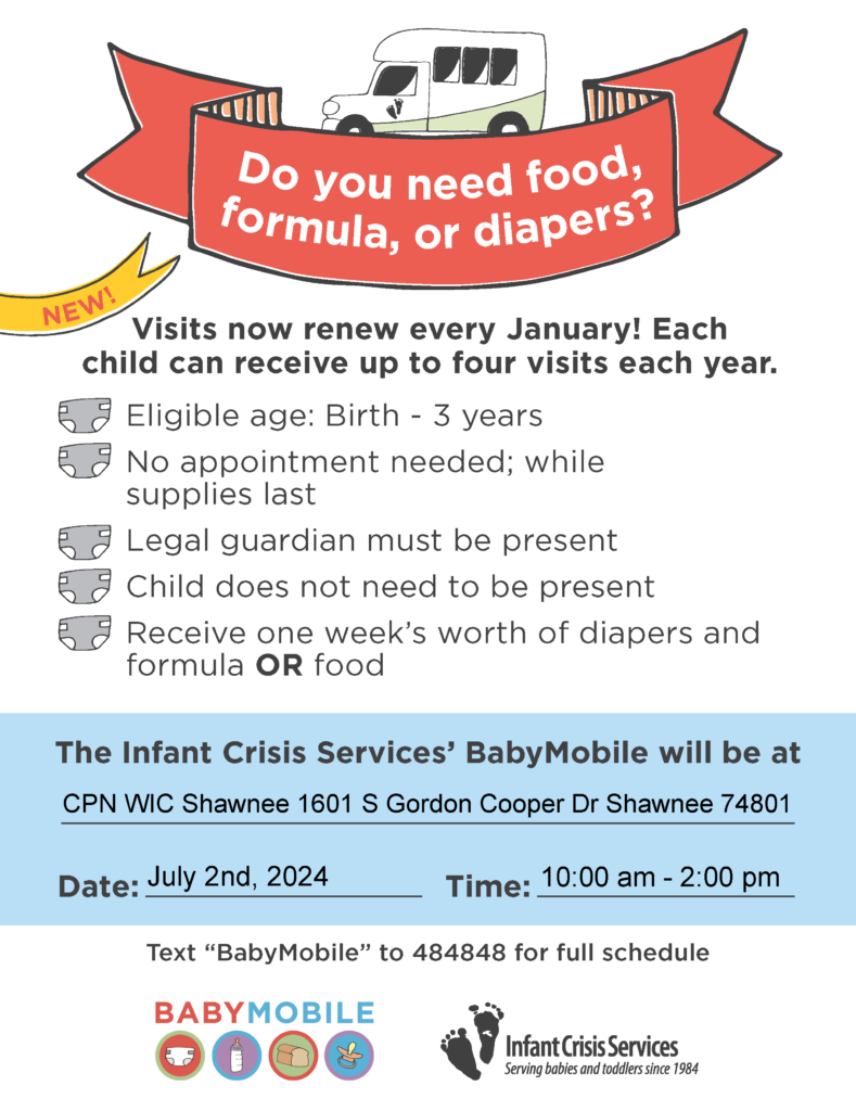 Flyer for Infant Crisis Services' BabyMobile July 2, 2024, visit to the CPN WIC program between 10 a.m. and 2 p.m. 