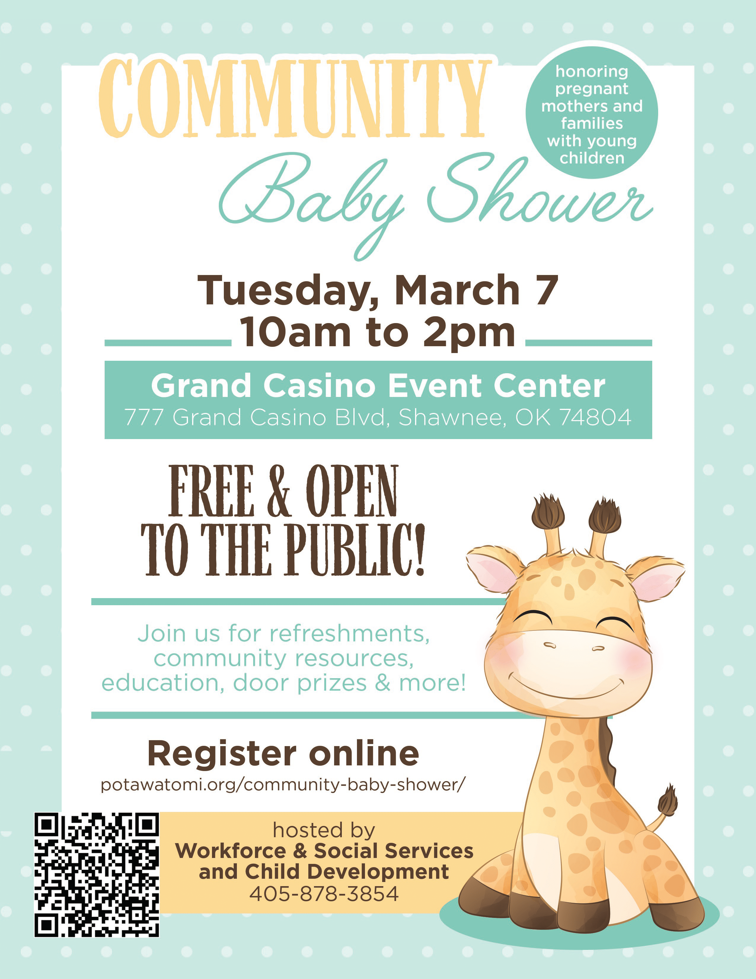 Flyer with sea foam green accents and a sketched giraffe advertising the March 7, 20232, community baby shower hosted by Citizen Potawatomi Nation Workforce Development & Social Services.