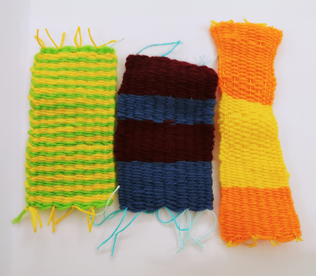 Brightly colored loom-woven rectangles.