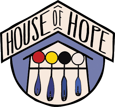 House of Hope logo shows four circles in red, yellow, black and white under a roof. Each has a feather hanging from it, and together these elements suggest people under a roof.
