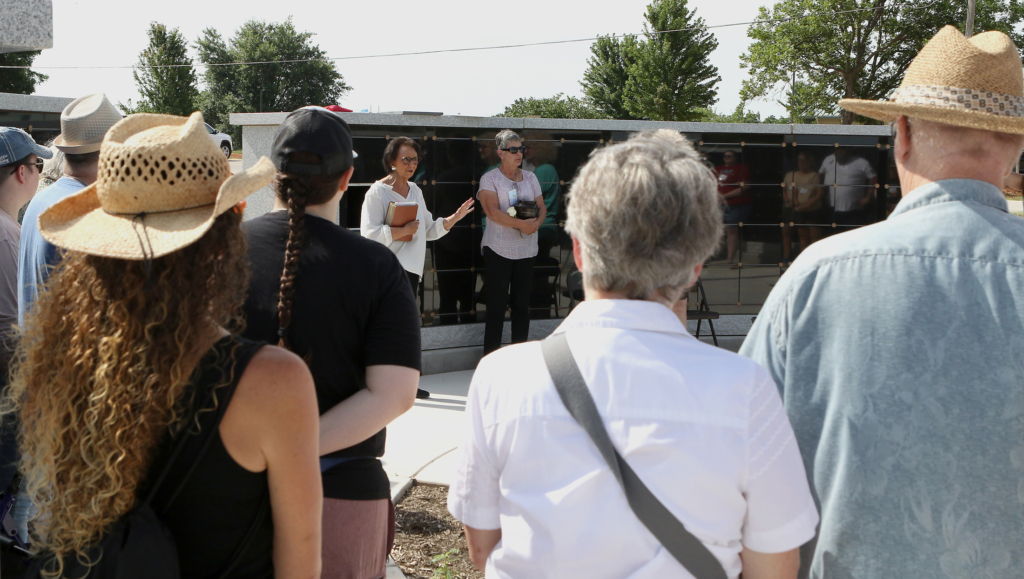 CPN Vice Chairman Linda Capss speaks to a group of people gathered at the CPN Columbarium.
