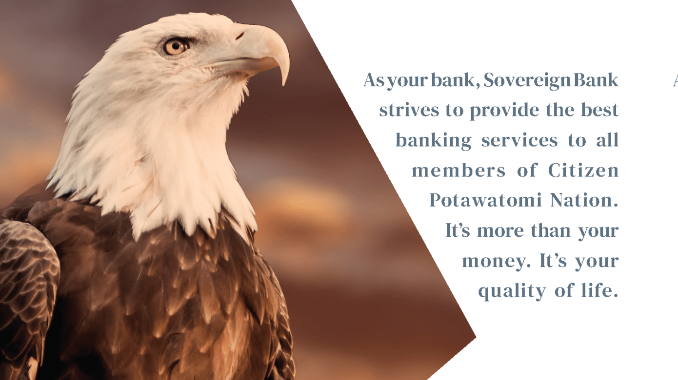 Poster announcing the new name and look of CPN's Sovereign Bank. There is a photograph of an eagle, and the new bright red logo in the shape of an S.