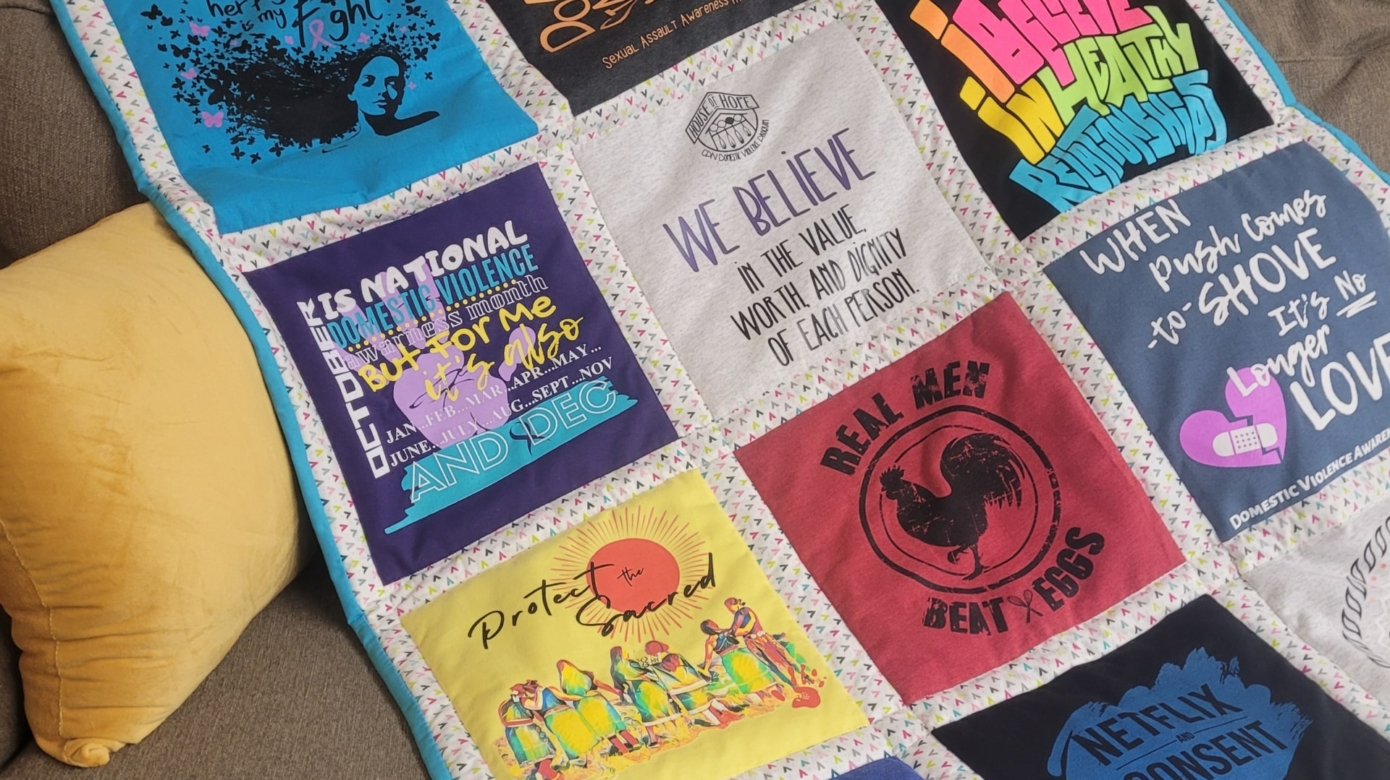 A quilt made of House of Hope awareness campaign t-shirts made to commemorate House of Hope's five-year anniversary.