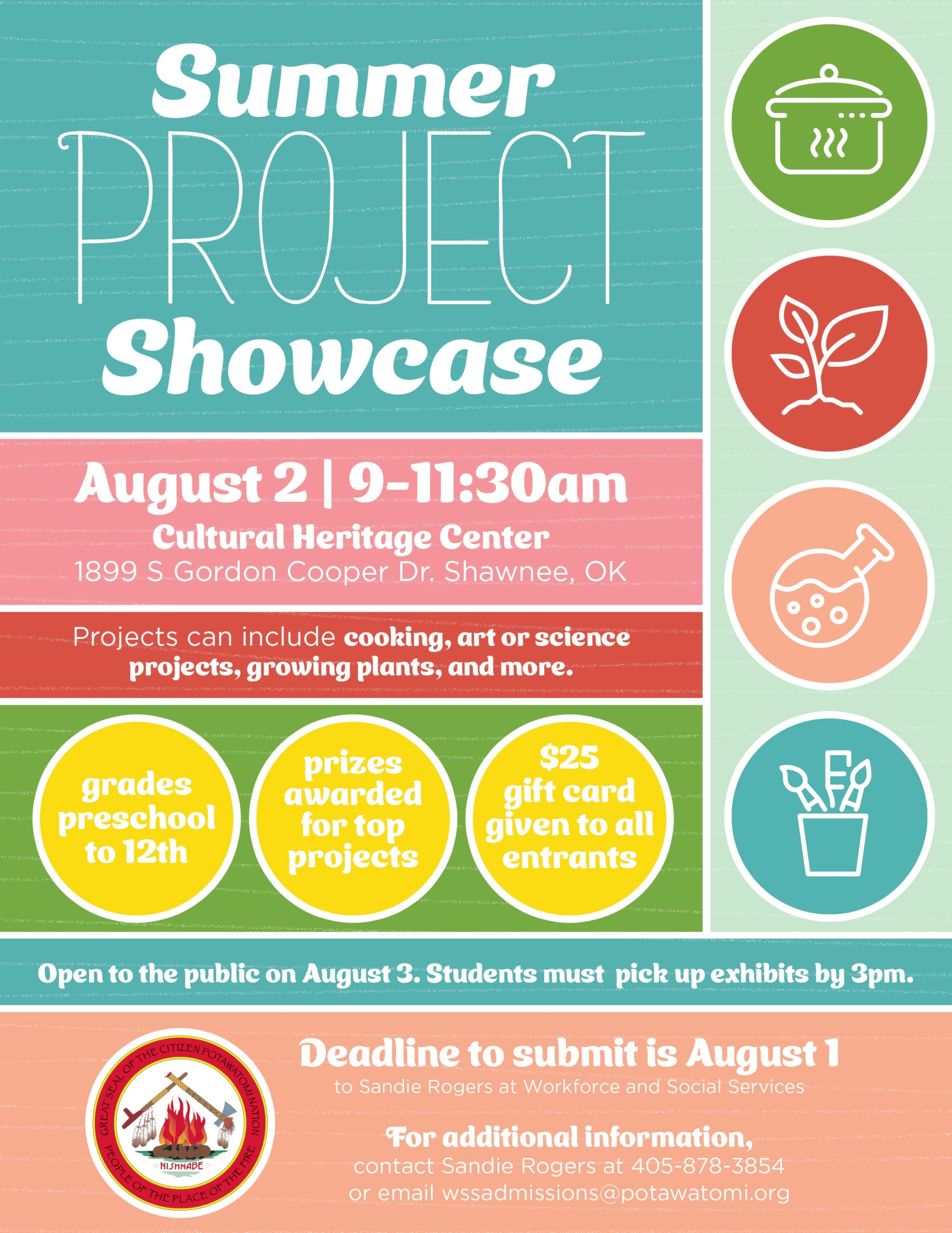 colorful flyer in primary colors and pastels advertising this year's Workforce and Social Services Summer Project Showcase on August 2 and 3, 2022.