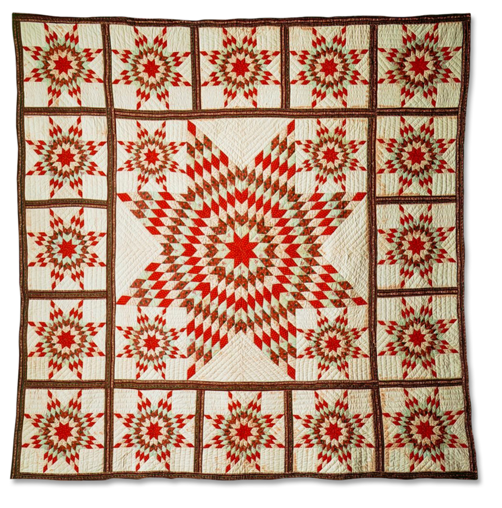 red, white and brown star quilt.
